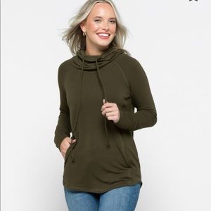 Pink Clover knit top with cowl neck and hood - olive, small